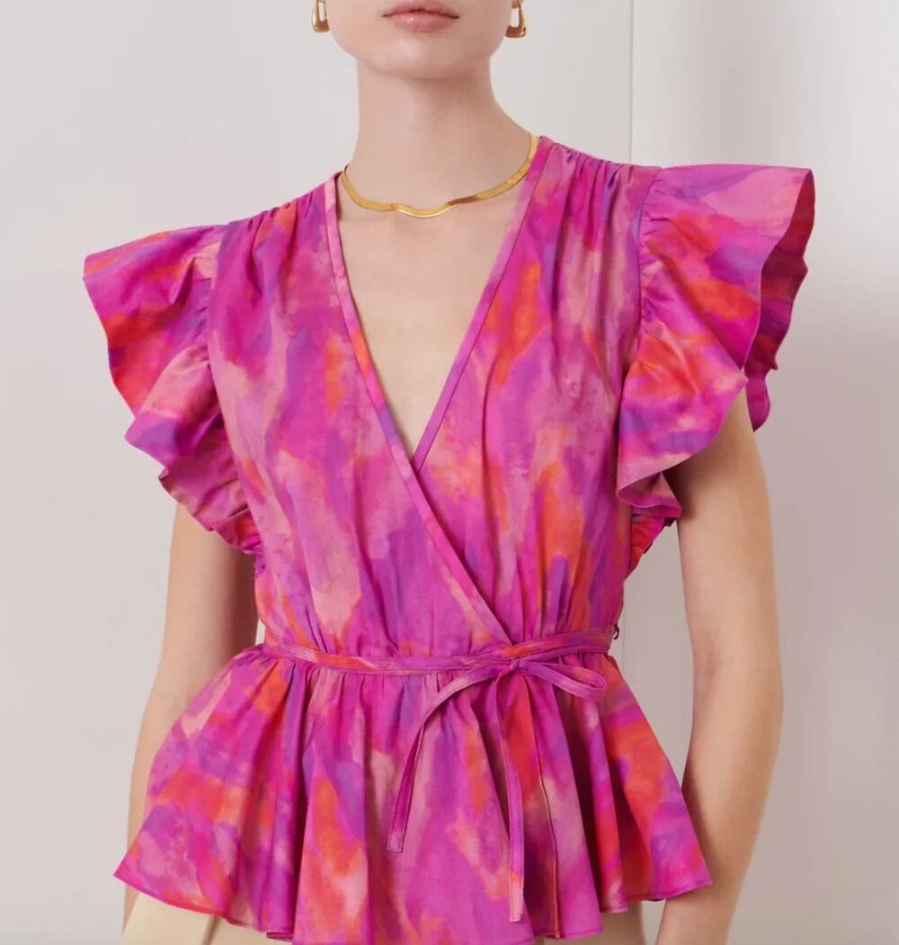 Derek Lam 10 Crosby Ember Wrap Top 6 Fuchsia Multi Ruffle Designer